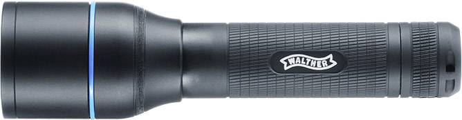 Schwarze Taschenlampe mit markantem, geripptem Griff und blauer Ringdekoration nahe dem Kopf der Lampe.