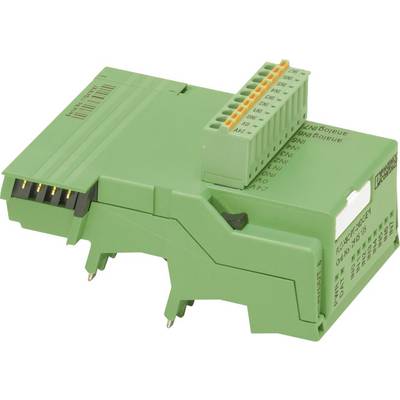 Grünes elektrisches Anschlussmodul mit Steckverbindern und Beschriftungen, verwendet in der industriellen Automatisierungstechnik.