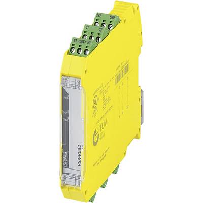 Ein gelbes Sicherheitsrelais von Phoenix Contact mit grünen Anschlüssen und TÜV-Zertifizierungsetikett, zum Einsatz in industriellen Anwendungen.