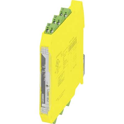 Gelbes elektronisches Sicherheitsrelais mit grünen Anschlussklemmen, zur Verbindung und Steuerung elektrischer Schaltungen.