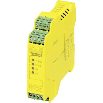 Gelbes Sicherheitsrelais von Phoenix Contact mit grünen Steckverbindungen, Modell PSR-ESAM4-8A-3X1.