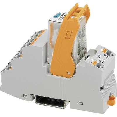 Grau-oranges Relaissystem mit Montageklemme, zeigt elektrische Kontakte und Hebel zur Installation in Schaltschränken.