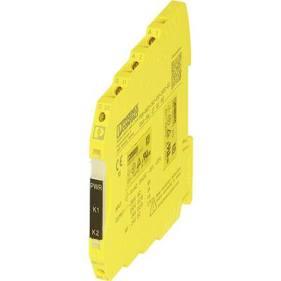 Gelbes elektronisches Sicherheitsrelais von Phoenix Contact mit Anschlussklemmen oben und unten; dient zur Maschinenüberwachung.