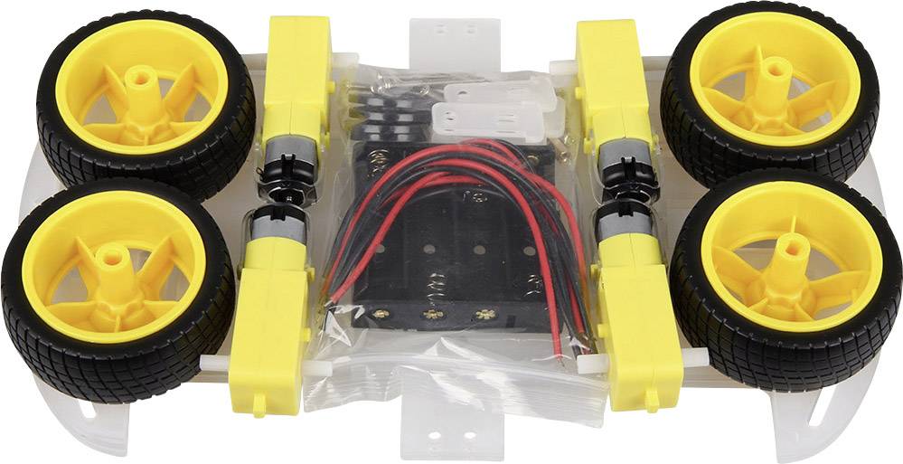 Ein einfacher Roboterrahmen mit vier gelben Rädern, Verkabelung und Halterungen auf einer rechteckigen weißen Basis für Elektronikprojekte.