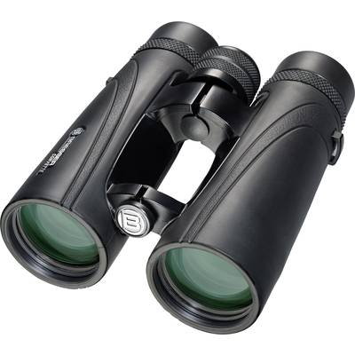 Ein schwarzes Fernglas mit grünen Linsen, das auf einer weißen Fläche liegt.