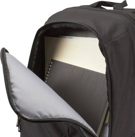 Ein schwarzer Rucksack mit einem geöffneten Reißverschluss. Darin befinden sich zwei Ordner und ein Spiralblock.