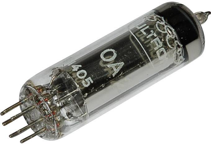 Elektronenröhre mit Aufschrift 'OA 405'. Mehrere Anschlüsse am unteren Ende, verwendet in alten technischen Geräten.