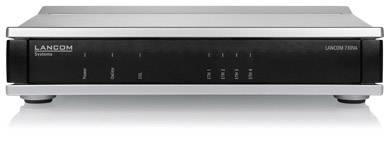 Ein LANCOM-Router mit Statusanzeigen für Power, System und fünf Ethernet-Ports auf der Vorderseite.