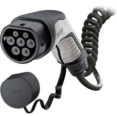 Elektroautoladestecker mit sieben Steckkontakten und spiralisiertem Kabel, hergestellt von Phoenix Contact, vor weißem Hintergrund.