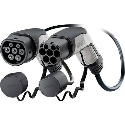 Zwei Elektroauto-Ladestecker mit unterschiedlichen Anschlussdesigns sind nebeneinander dargestellt. Sie haben schützende Kappen.