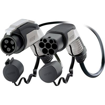 Zwei Typ-2 Ladestecker für Elektrofahrzeuge mit Schutzkappen, verbunden durch ein Kabel. Sie werden zum Laden von Elektroautos verwendet.