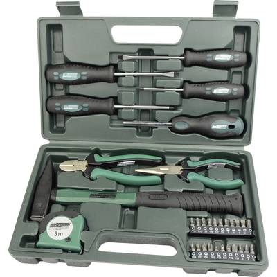 Ein grüner Werkzeugkoffer mit Schraubenziehern, Zangen, Hammer, Maßband und Bits. Geeignet für grundlegende Reparaturarbeiten.