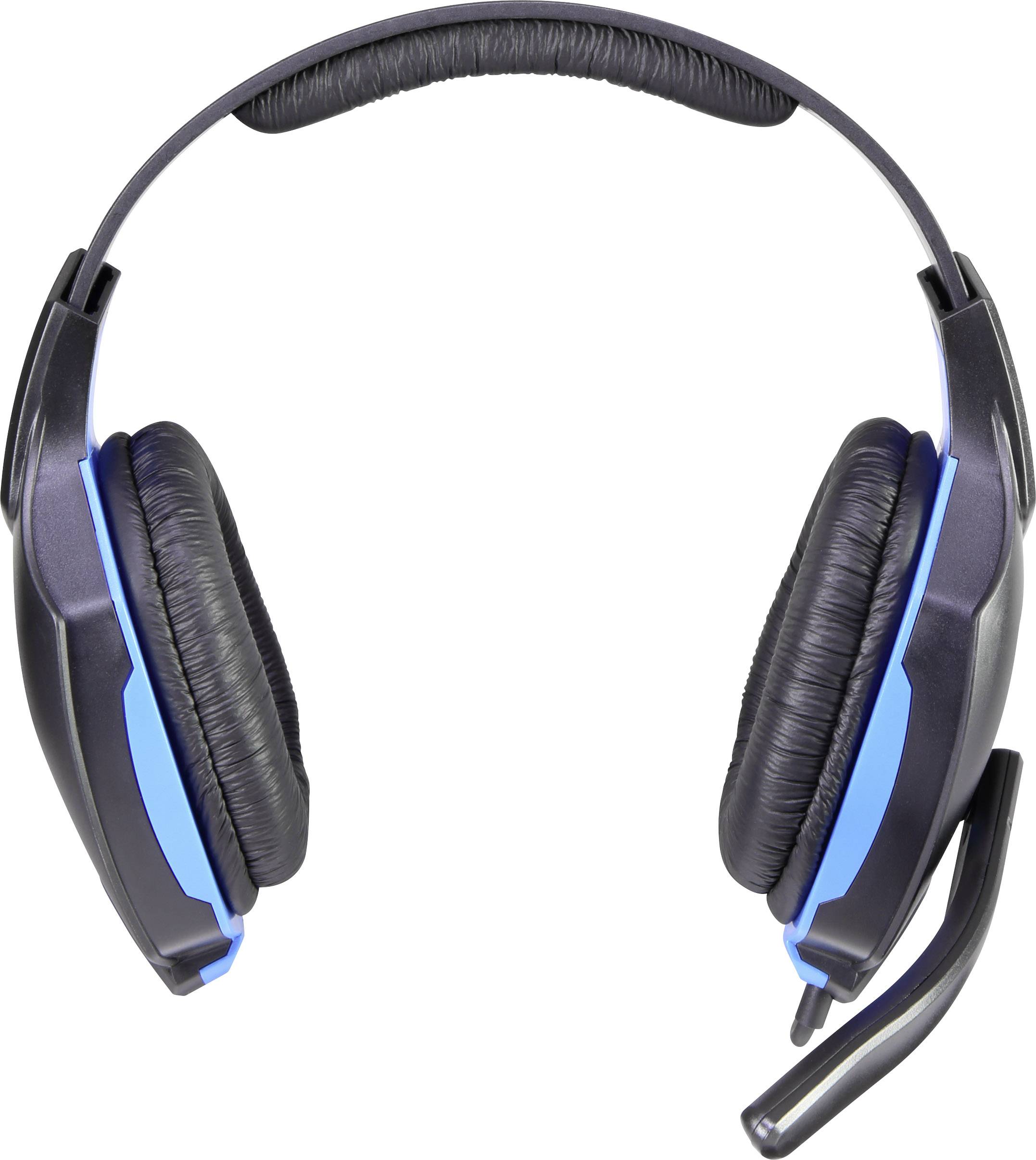 Schwarzes und blaues Headset mit Mikrofon, aufrecht positioniert, für Gaming oder Kommunikation geeignet.