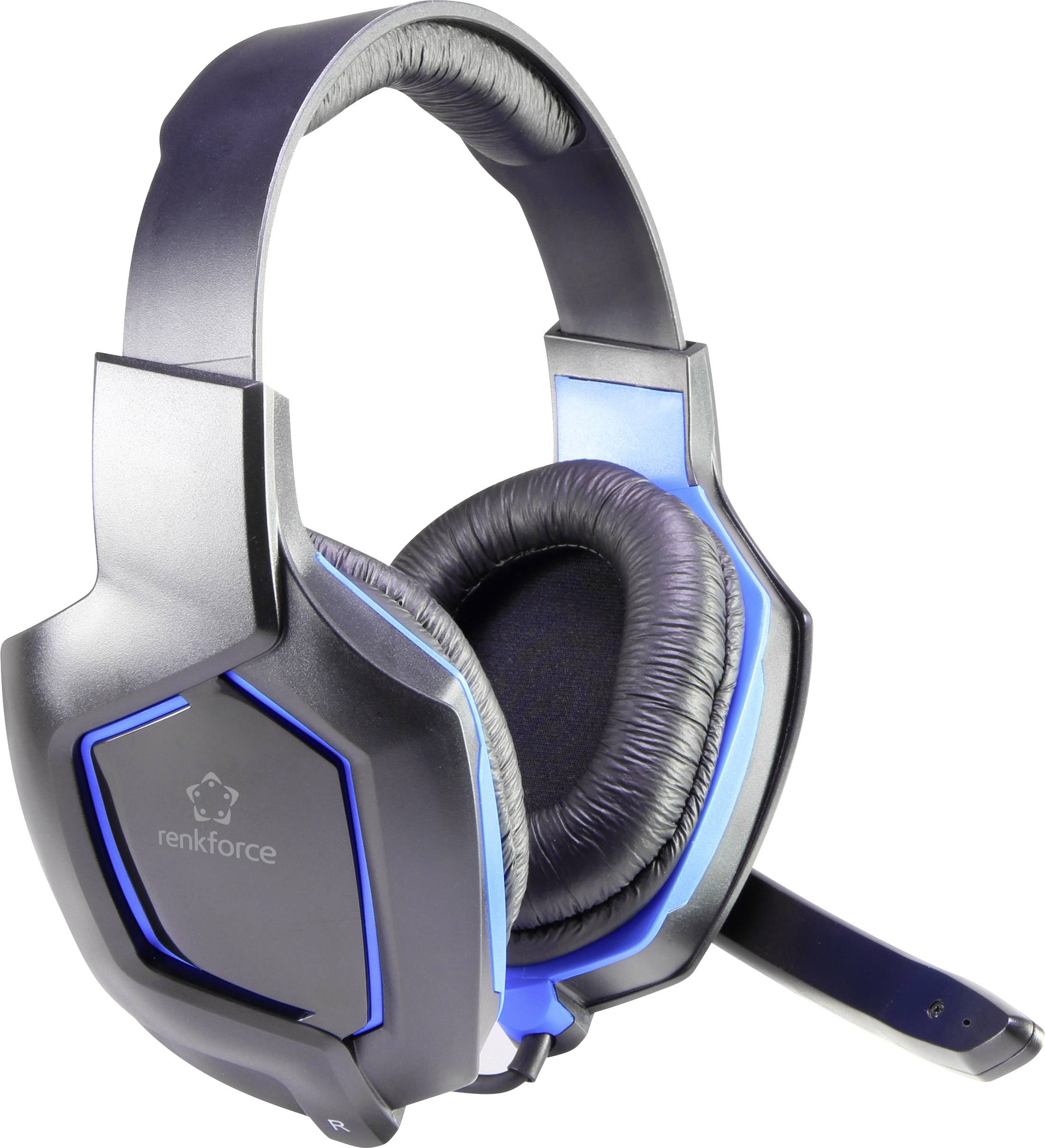 Gaming-Headset mit gepolsterten Ohrmuscheln, Mikrofon und blauen Lichteffekten. Design bietet Komfort und Stil für langes Spielen.