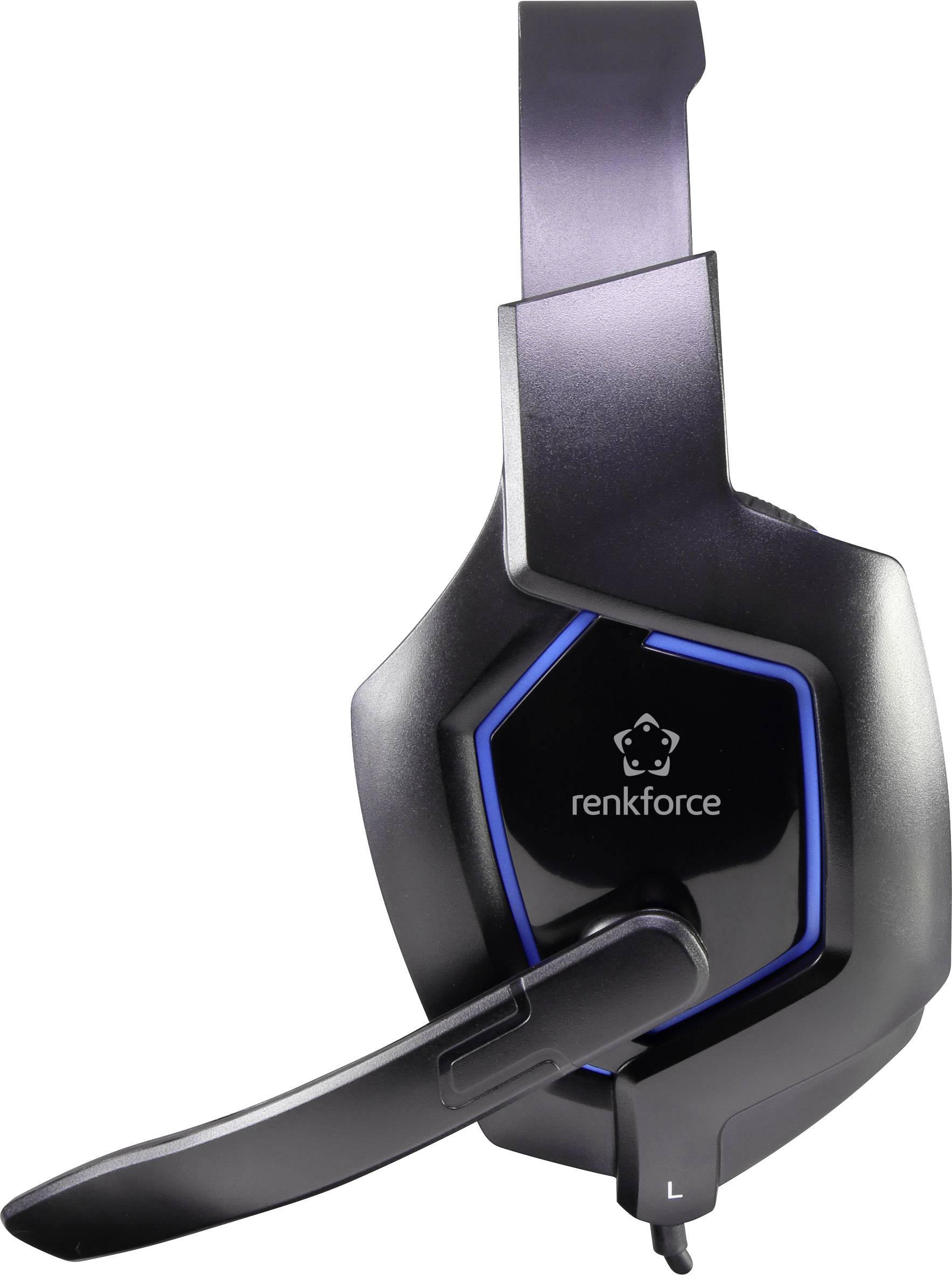Schwarzes Gaming-Headset mit Mikrofon. Marke 'renkforce'. Blaues Akzentdesign, Seitenansicht. Ideal für Spiele und Audiokommunikation.