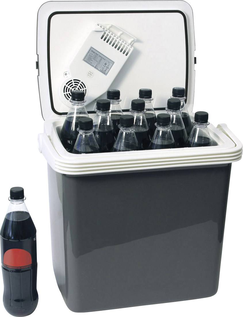 Kühlbox mit offenem Deckel zeigt mehrere Flaschen Limonade. Eine Flasche steht daneben. Ideal für Picknicks oder Ausflüge.