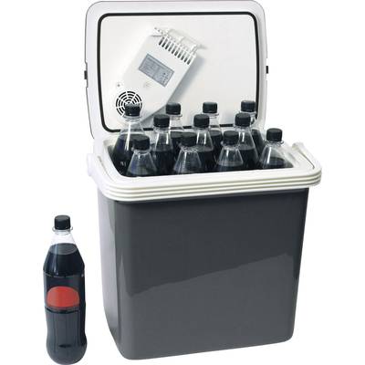 Kühlbox mit offenem Deckel zeigt mehrere Flaschen Limonade. Eine Flasche steht daneben. Ideal für Picknicks oder Ausflüge.