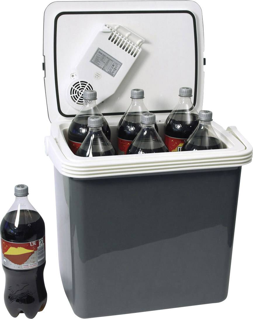 'Graue Kühlbox mit offenem Deckel, gefüllt mit mehreren Plastikflaschen. Eine zusätzliche Flasche steht daneben.'