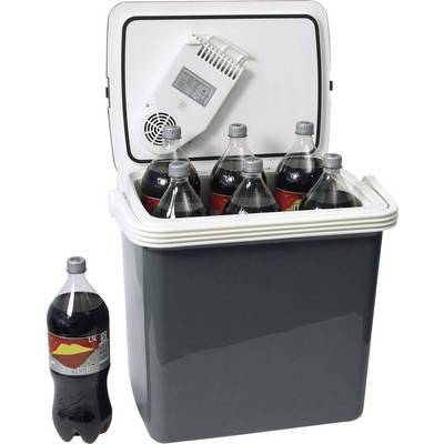 'Graue Kühlbox mit offenem Deckel, gefüllt mit mehreren Plastikflaschen. Eine zusätzliche Flasche steht daneben.'