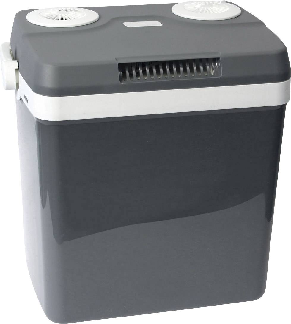 Graue Kühlbox mit weißem Rand oben und zwei Lüftern auf dem Deckel. Tragbar, geeignet für Camping oder Reisen.