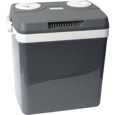 Graue Kühlbox mit weißem Rand oben und zwei Lüftern auf dem Deckel. Tragbar, geeignet für Camping oder Reisen.
