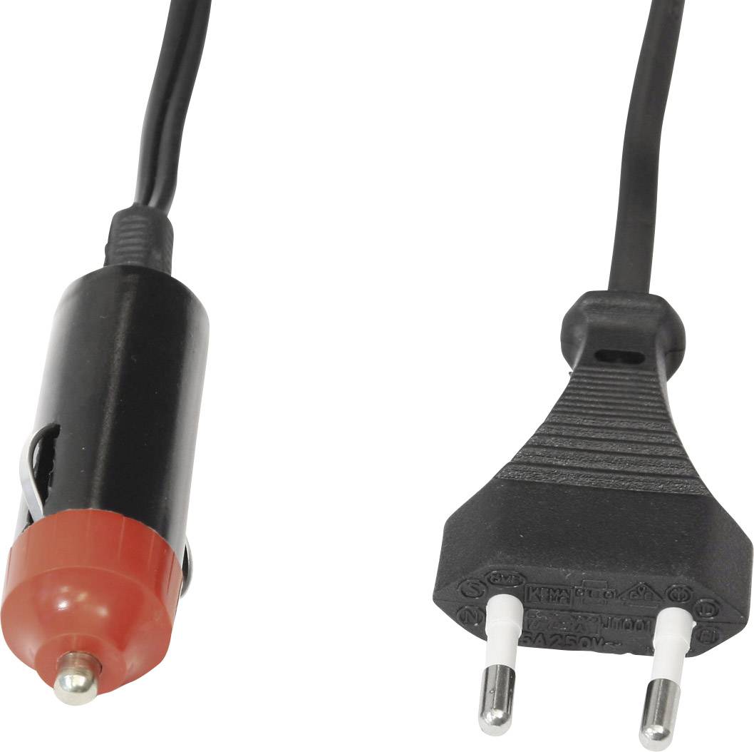 Ein KFZ-Stecker und ein europäischer Netzstecker sind nebeneinander abgebildet. Sie sind schwarz mit roten und silbernen Details.