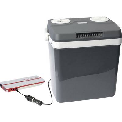 Eine graue tragbare Kühlbox mit zwei Lüftern oben, angeschlossen an ein externes rot-weißes Akkuladegerät mit Kabelstecker.