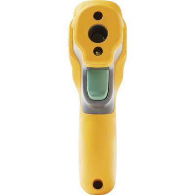 Ein gelbes Infrarot-Thermometer mit grünem Knopf, Vorderansicht. Geeignet zur kontaktlosen Temperaturmessung mit präzisem Laserzielsystem.