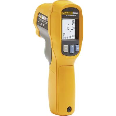Ein gelbes Infrarot-Thermometer zeigt '121,5°C' auf dem Display an. Es hat verschiedene Knöpfe und Symbole auf der Oberfläche.