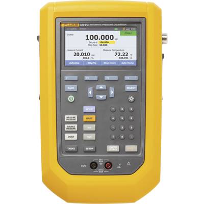 Ein tragbares Kalibriergerät mit digitaler Anzeige zeigt in großen Ziffern '100.000'. Weitere Messwerte: Druck '20.010', Temperatur '72.22'.