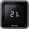 Ein digitales Thermostat zeigt '12:30' Uhrzeit und '21,0' Grad Celsius Raumtemperatur an. Marke: Honeywell.