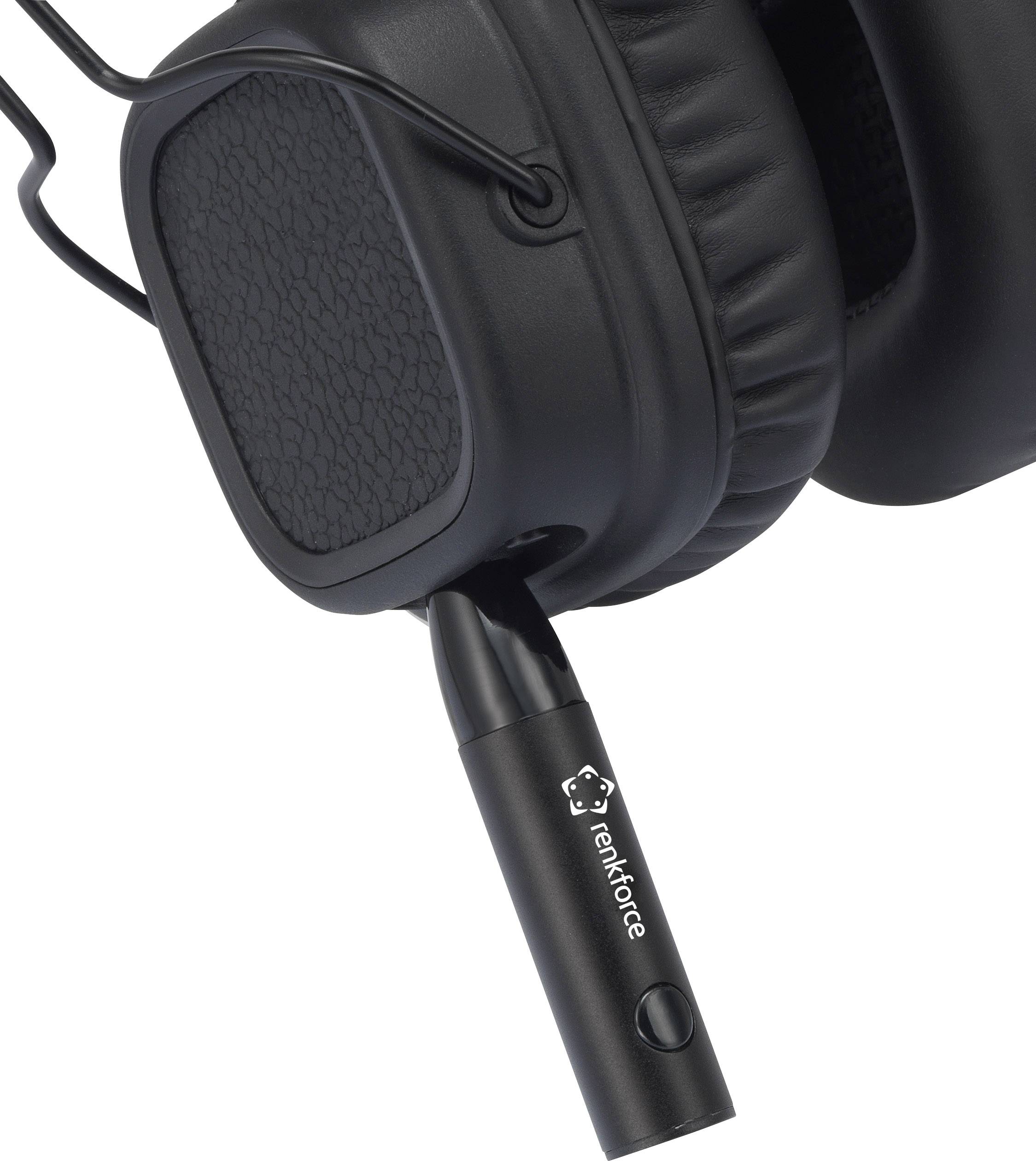 Schwarzes kabelgebundenes Headset mit Polsterung. Der Markenname 'renkforce' ist auf dem Mikrofonarm aufgedruckt.