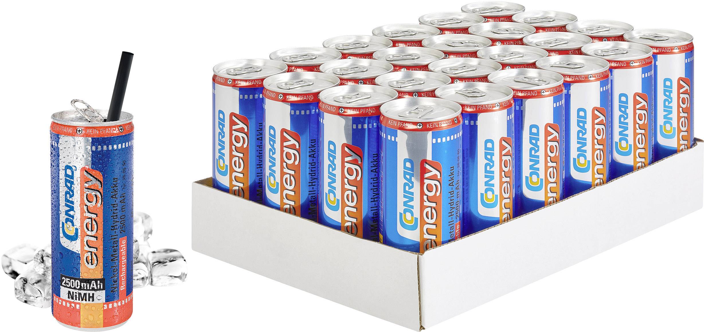 Ein Karton mit 24 Getränkedosen des Typs 'energy' in blau-roter Verpackung. Eine Dose daneben mit einem Strohhalm.