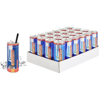 Ein Karton mit 24 Getränkedosen des Typs 'energy' in blau-roter Verpackung. Eine Dose daneben mit einem Strohhalm.