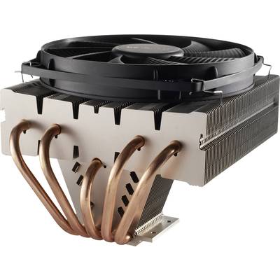 Großer CPU-Kühler mit schwarzen Lüfterblättern, silbernen Kühlrippen und fünf gebogenen Kupferrohren.
