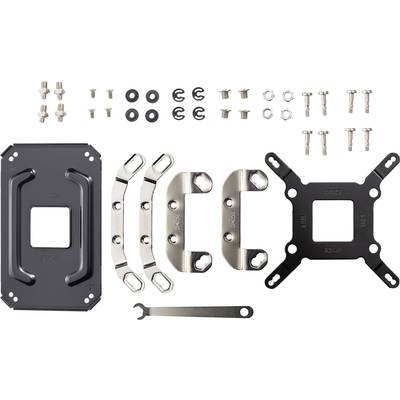 Metallkomponenten-Set für CPU-Kühlermontage, inklusive Schrauben, Platten und Schraubenschlüssel, auf weißem Hintergrund.