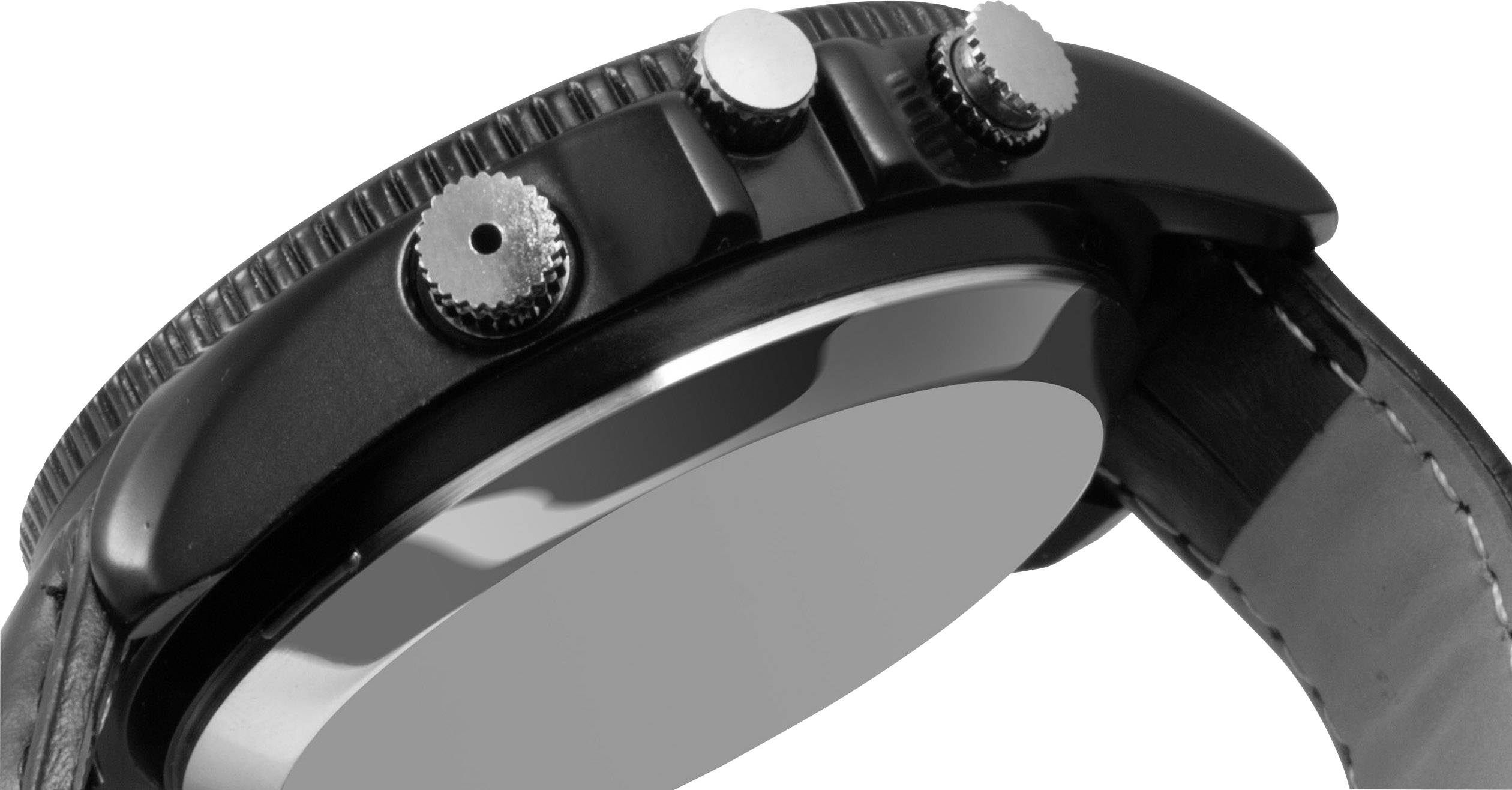 Schwarze Armbanduhr in seitlicher Ansicht, fokussiert auf Gehäuse und Knöpfe.