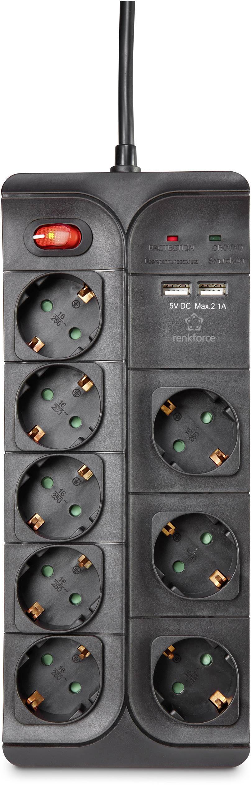 Mehrfachsteckdose mit acht Steckplätzen und zwei USB-Anschlüssen. Ein/Aus-Schalter leuchtet rot. Ideal zum gleichzeitigen Laden mehrerer Geräte.