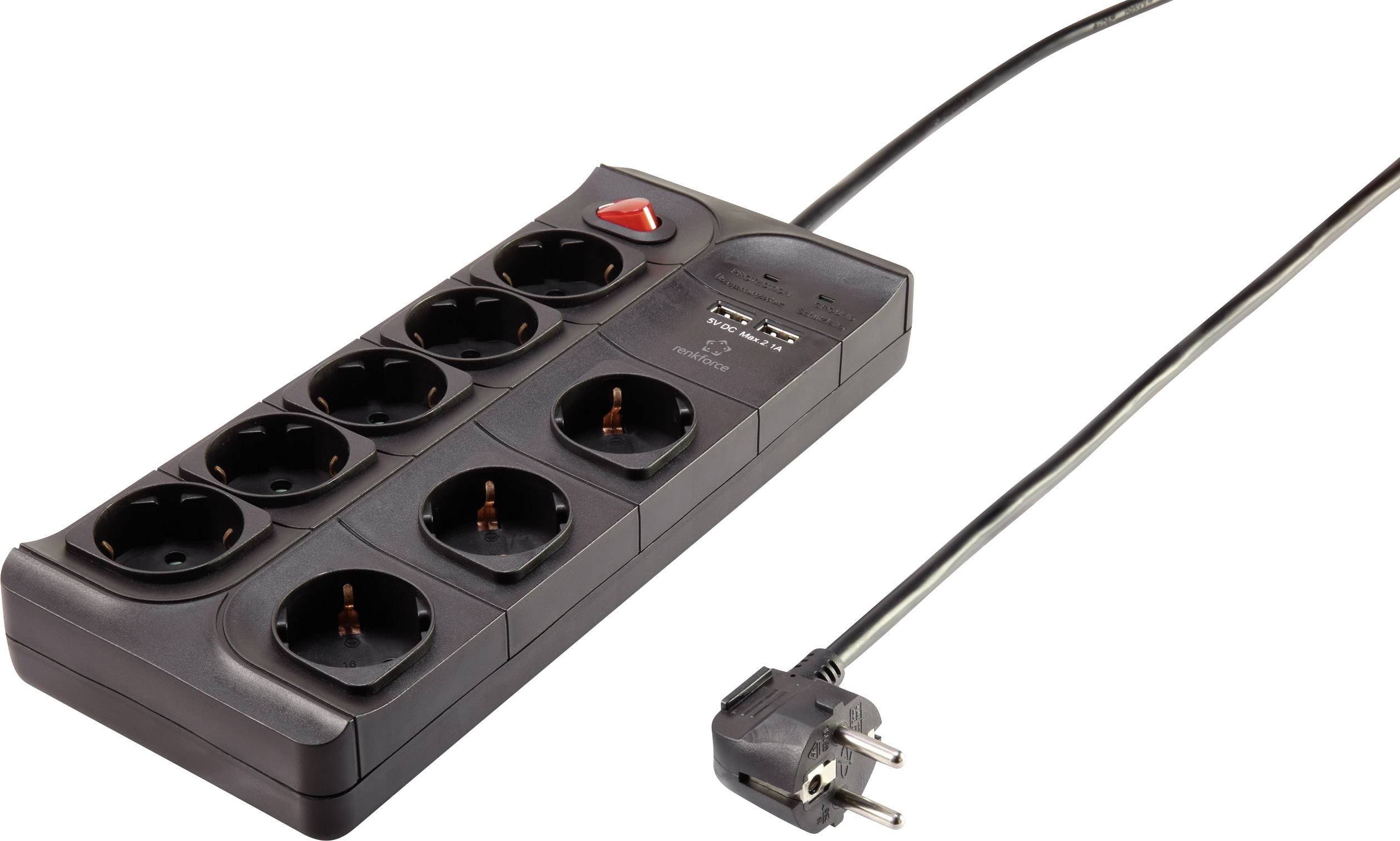 Sechsfach-Steckdosenleiste mit rotem Ein-/Ausschalter und schwarzem Kabel, zur Stromversorgung mehrerer Geräte in einem Raum.