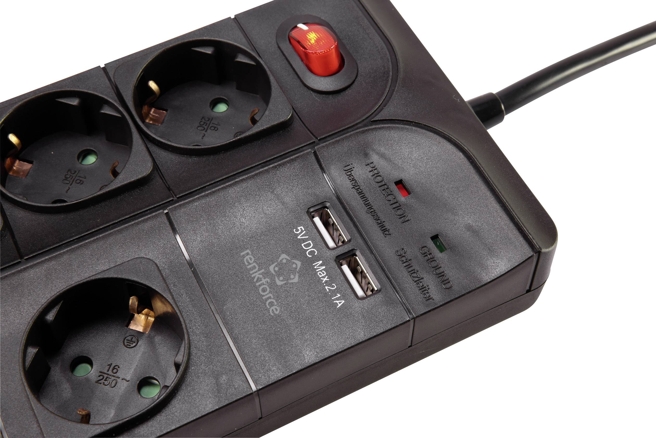 Mehrfachsteckdose mit vier Steckplätzen und zwei USB-Anschlüssen. Ein Schalter mit rotem Licht zeigt den Betriebszustand an.