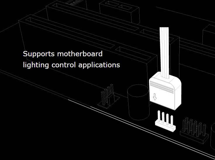 Schwarz-weiße Grafik zeigt einen Anschluss auf einer Platine, daneben steht 'Supports motherboard lighting control applications'.