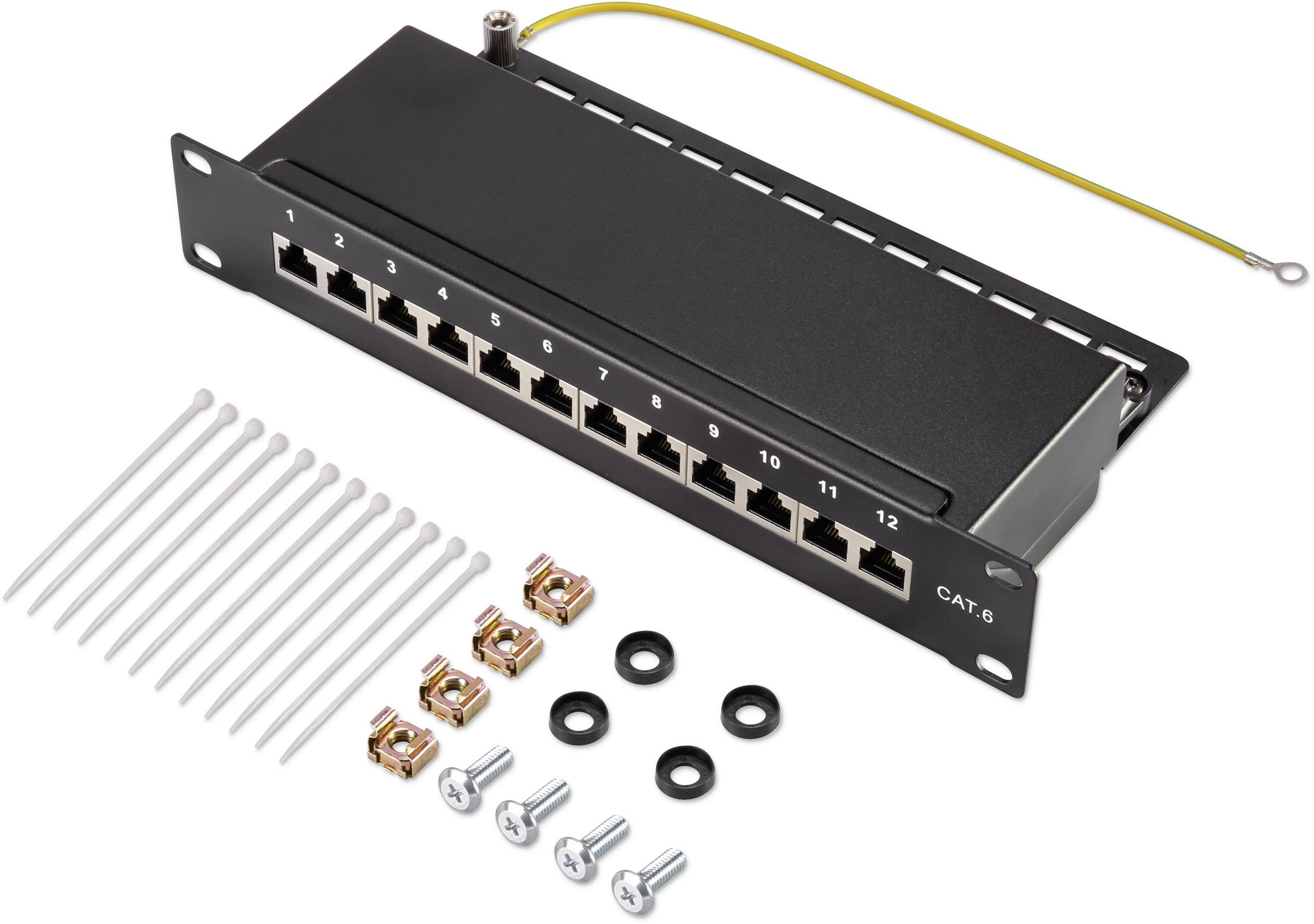 Patchpanel mit 12 Ethernet-Anschlüssen, Kabelbindern, Schrauben und Muttern. Geeignet für CAT-6-Verbindungen im Netzwerkbereich.