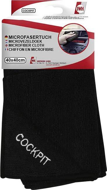 'Schwarzes Mikrofaser-Mikrofasertuch, 40x40 cm, für die Reinigung von Autocockpits. Abbildung zeigt das Produkt und seine Verpackung.'