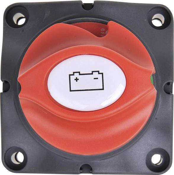 Roter Batterieschalter mit Batteriesymbol, montiert in schwarzem Gehäuse. Schalter für Stromkreisunterbrechung in Fahrzeugen oder Booten.