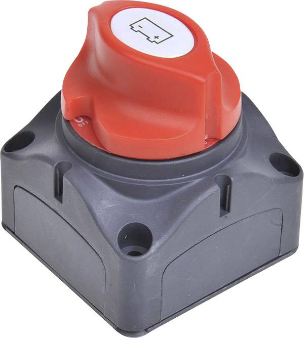 Roter Batterieschalter auf schwarzem Sockel mit Batteriesymbol. Drehknopf zur Trennung oder Verbindung von Stromkreisen.