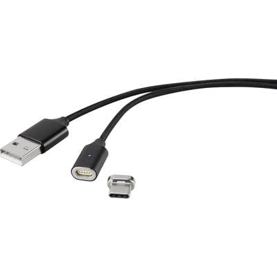 Renkforce USB-Kabel USB 2.0 USB-A Stecker, USB-C® Stecker 1.00 m Schwarz magnetischer Stecker, vergoldete Steckkontakte,