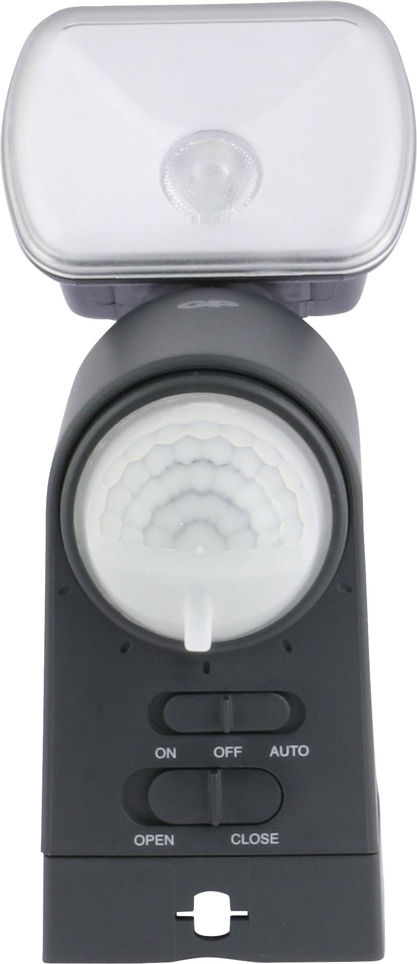 Ein Bewegungsmelder mit Lichtfunktion, erkennbar durch zwei Regler für Ein/Aus und Automatik, sowie ein Lampenglas oben.