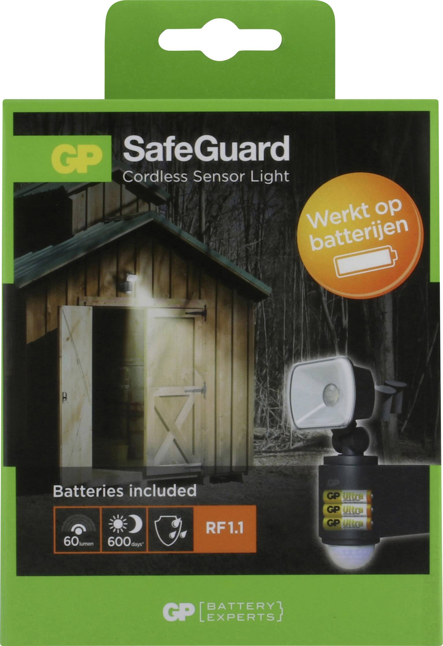 Verpackung einer GP SafeGuard kabellosen Sensorlampe. Bild zeigt die Lampe, die einen Schuppen beleuchtet. Text: 'Batterien enthalten'.