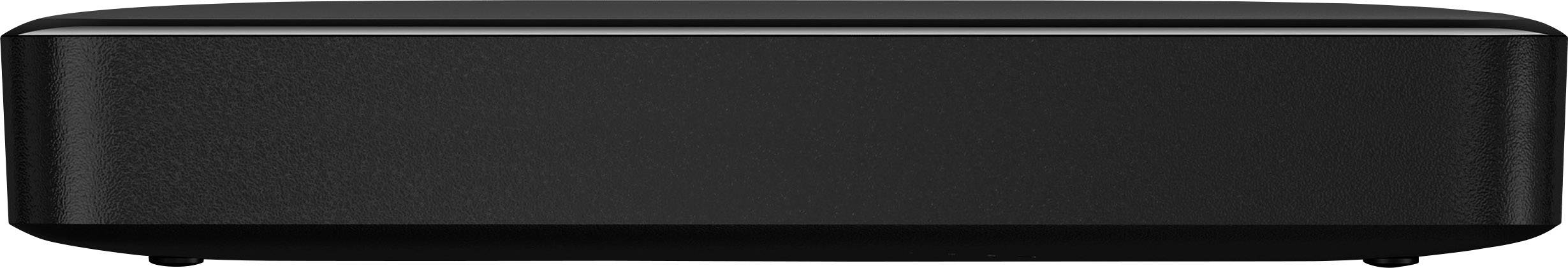 Ein schwarzes, rechteckiges elektronisches Gerät, möglicherweise ein Projektor, mit einer glatten Oberfläche.