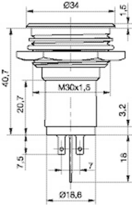 Technische Zeichnung eines zylindrischen Steckers mit detaillierten Maßen in Millimetern, inkl. Gewinde M30x1,5.